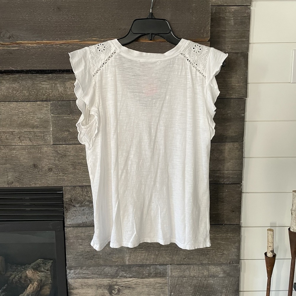 Womens M LOFT V-Neck White Boho Bohemian Indie Western Lace Eyelet Shirt Cotton - Picture 5 of 5